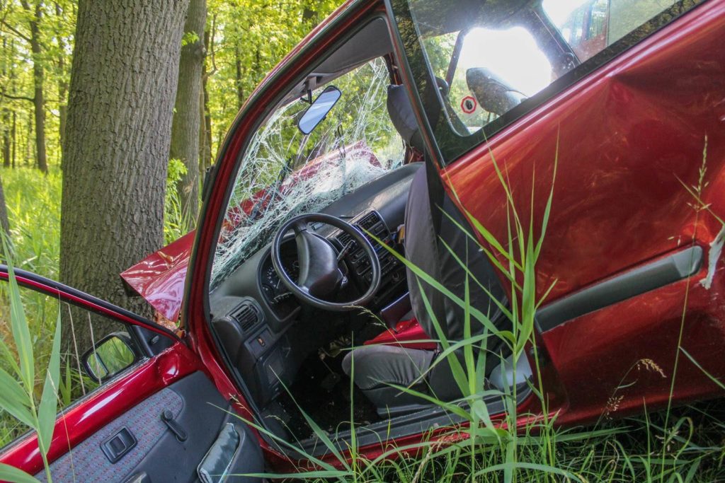Red car crashed into a tree.